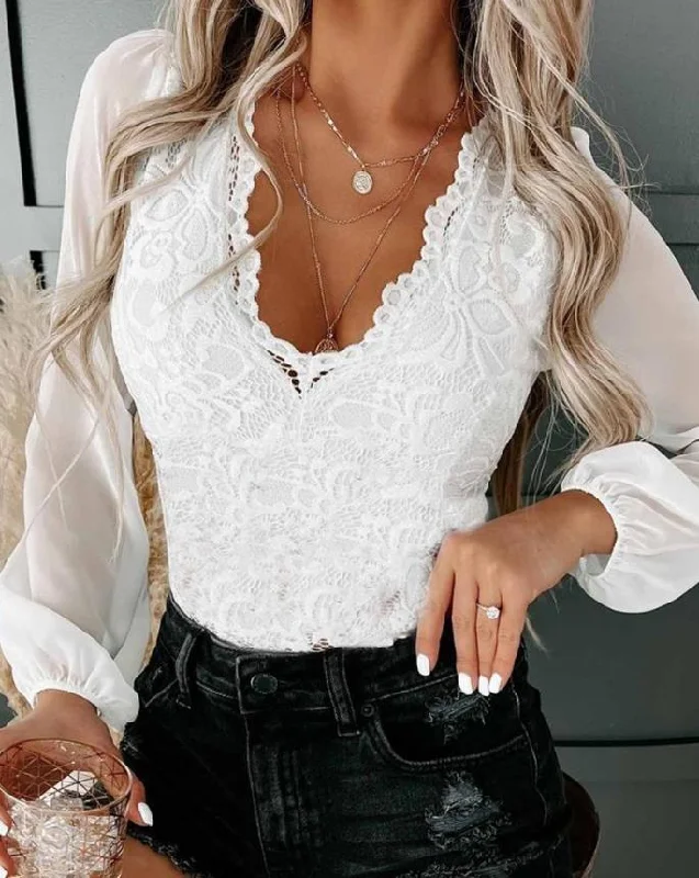 Elegant Contrast Mesh Long Sleeve Lace Top Fashion Woman Blouses Shirt