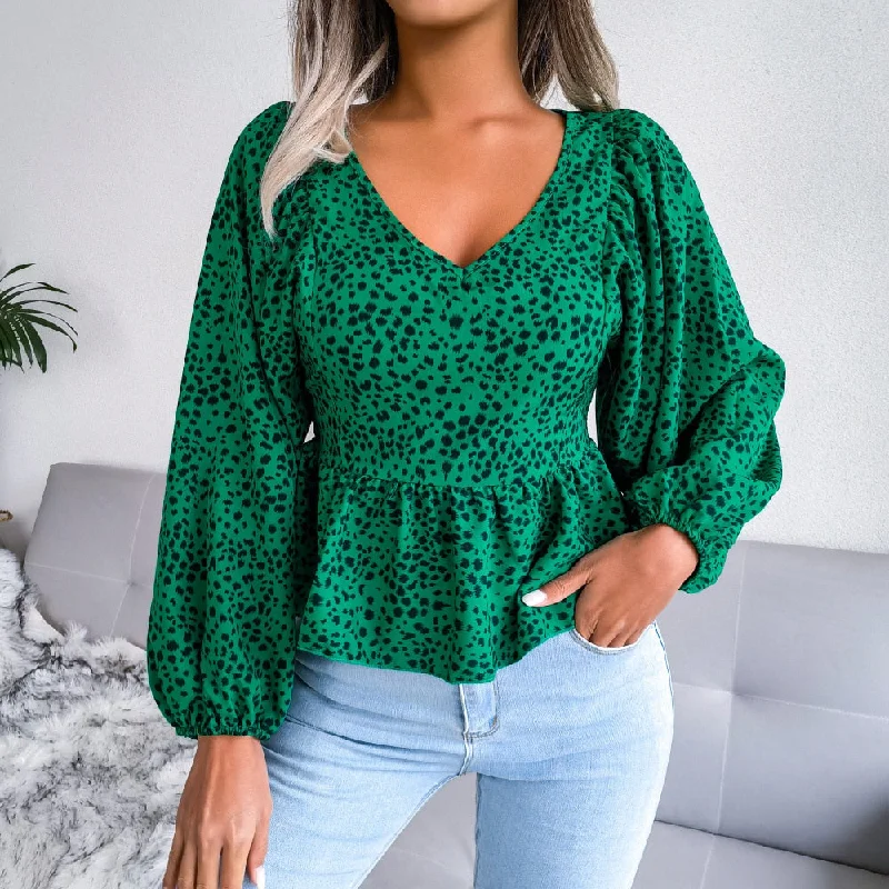 Summer Leopard Print Chiffon Shirt Fashion V-Neck Lantern Long Sleeve Ruffle Hem Top