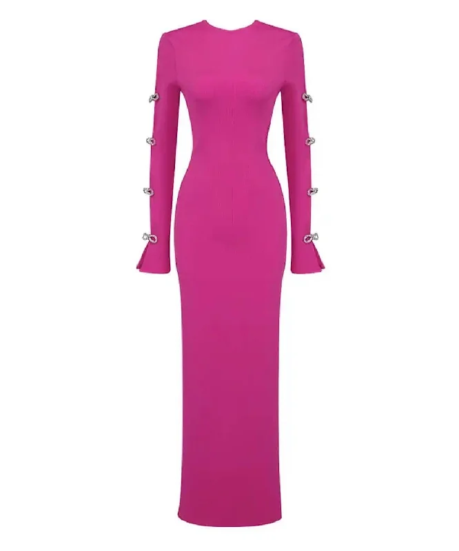 Hot Pink Slim Rhinestone Sleeve Long Dress